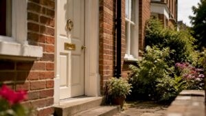 Red-brick UK house front door close-up