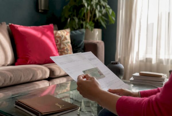 Hands holding documents on table in UK home