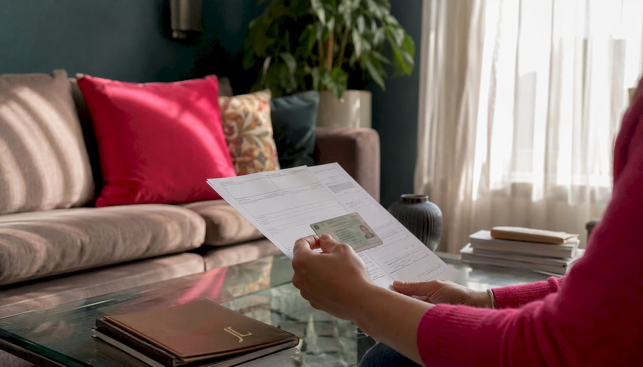 Hands holding documents on table in UK home