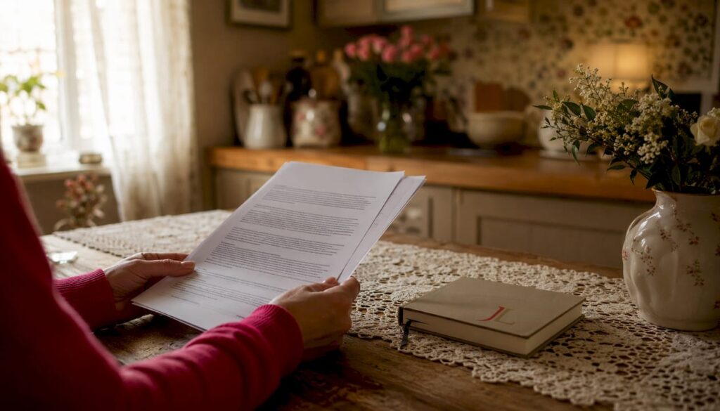Hands holding mediation papers on UK home coffee table
