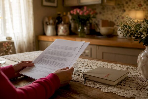Hands holding mediation papers on UK home coffee table