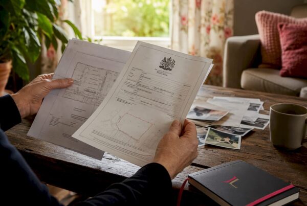 Hands reviewing UK house sale documents indoors
