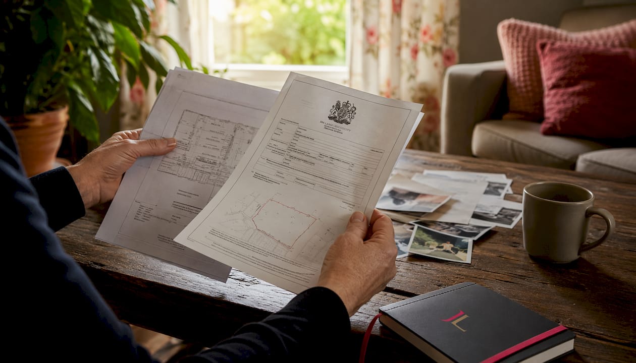 Hands reviewing UK house sale documents indoors