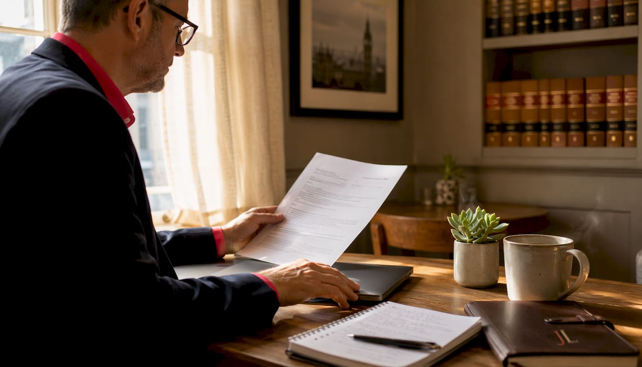 Solicitor in UK office reviewing leasehold conveyancing documents