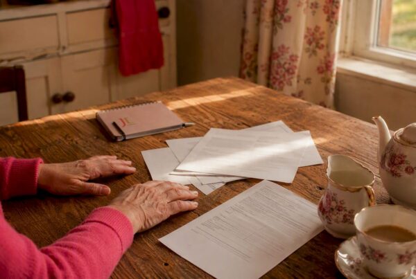 Older hands on UK home table with divorce papers