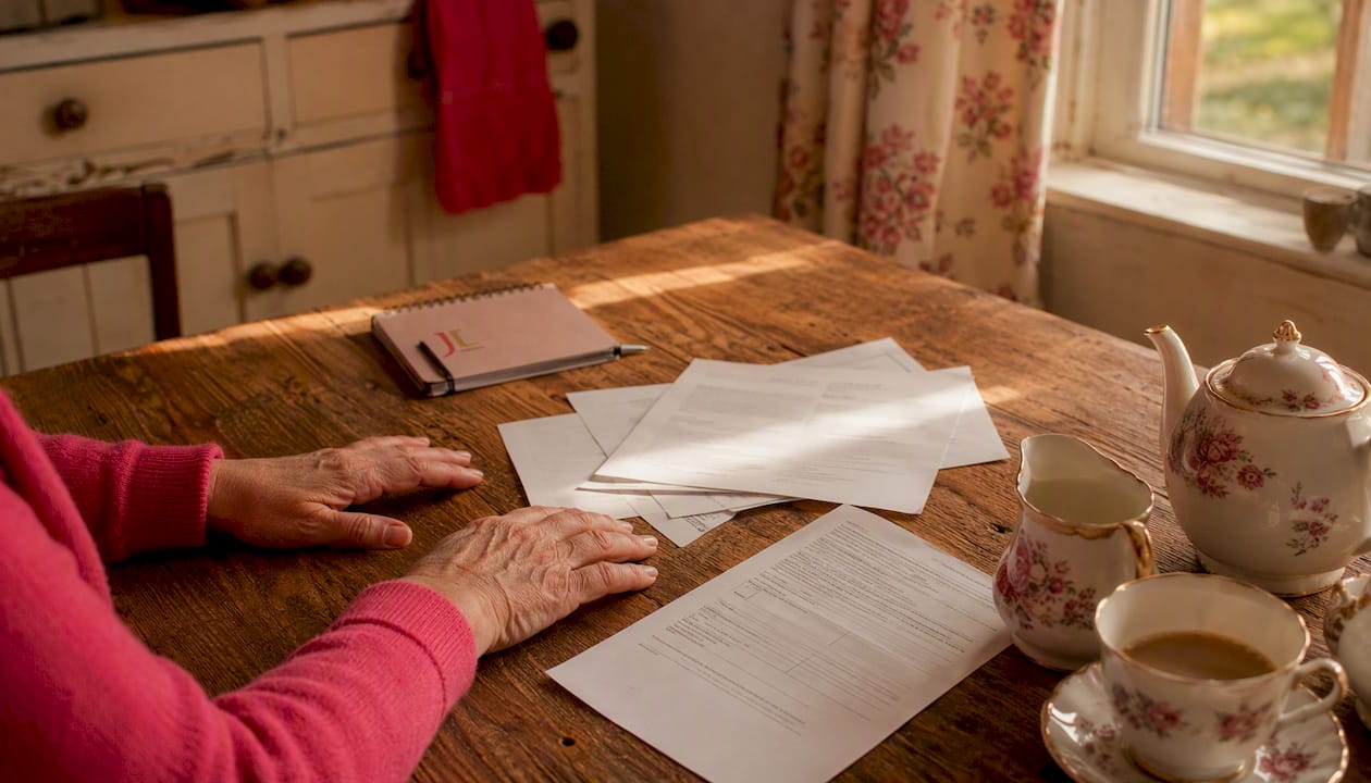 Older hands on UK home table with divorce papers