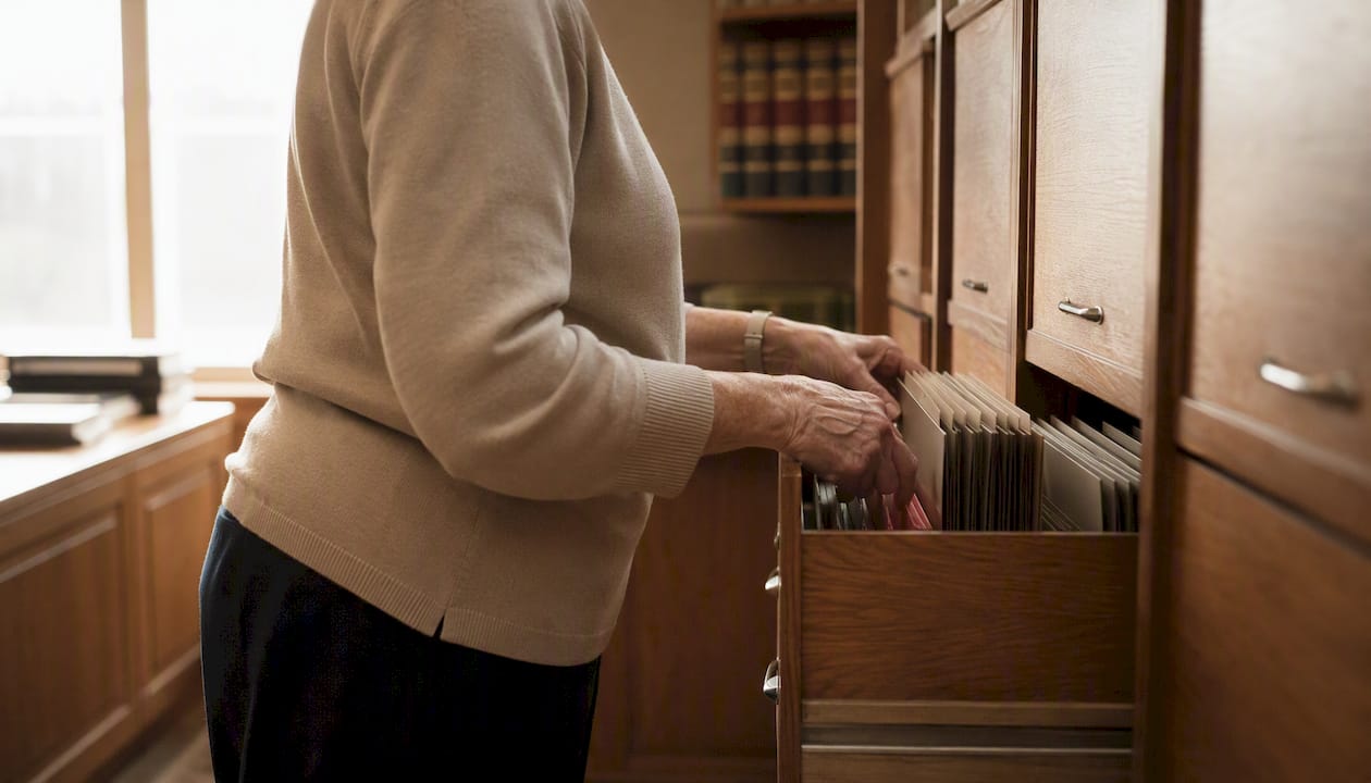 Older hands filing HR documents in UK office archive