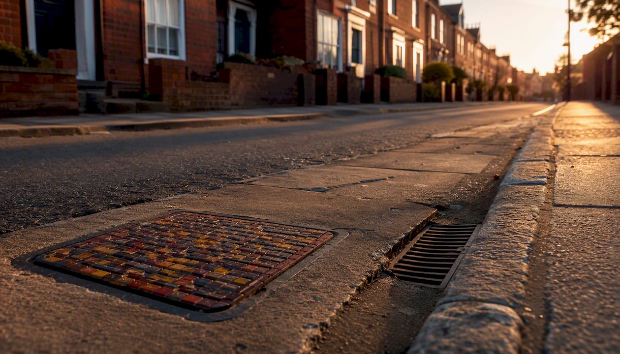 UK street drainage manhole cover and pavement