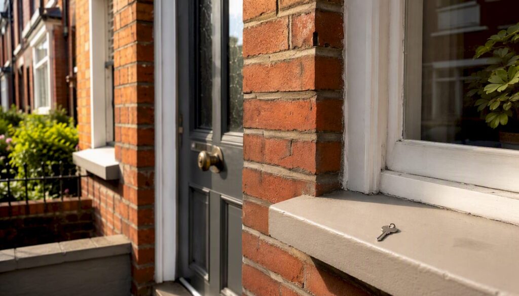 Red-brick UK house front door and keys