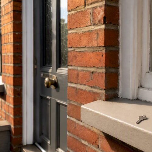 Red-brick UK house front door and keys