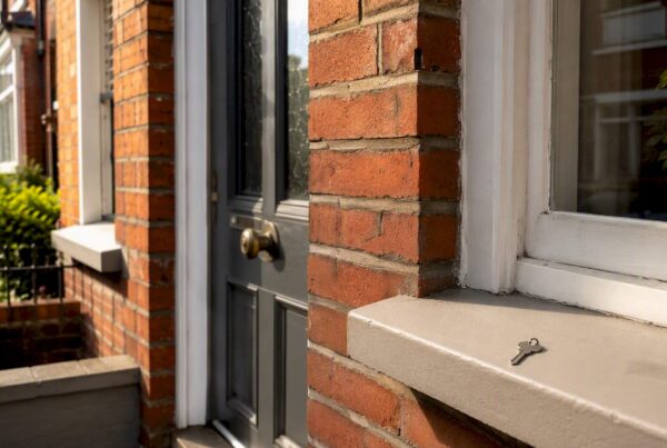 Red-brick UK house front door and keys