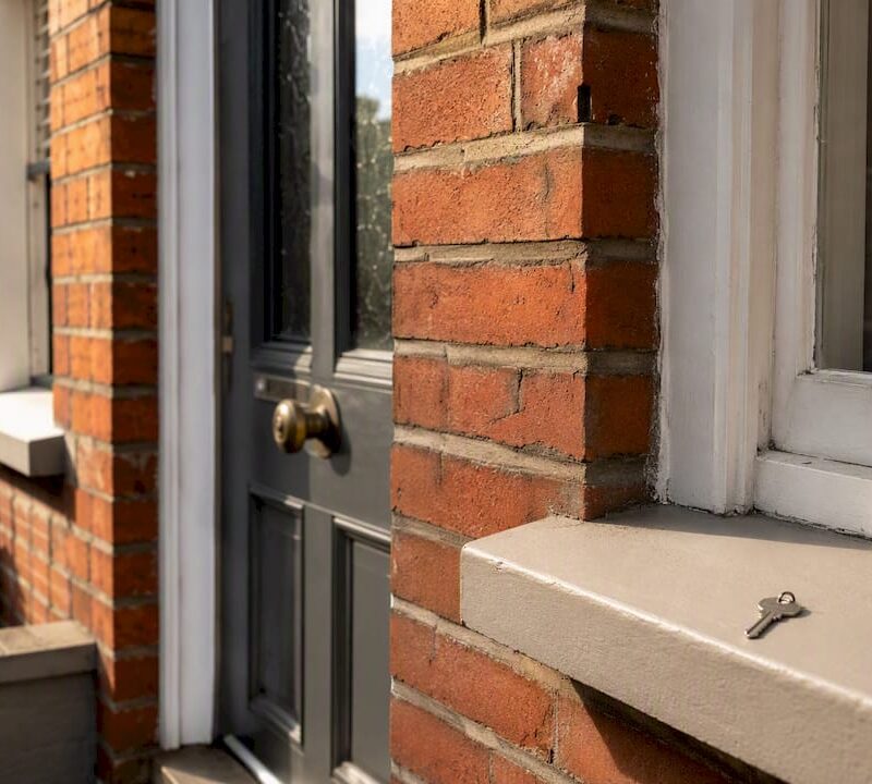 Red-brick UK house front door and keys