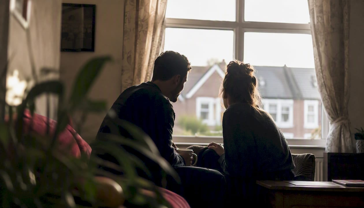 Silhouetted couple in UK home interior near window