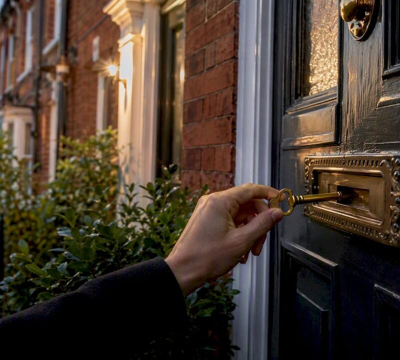 Hand inserting keys into UK red-brick house front door