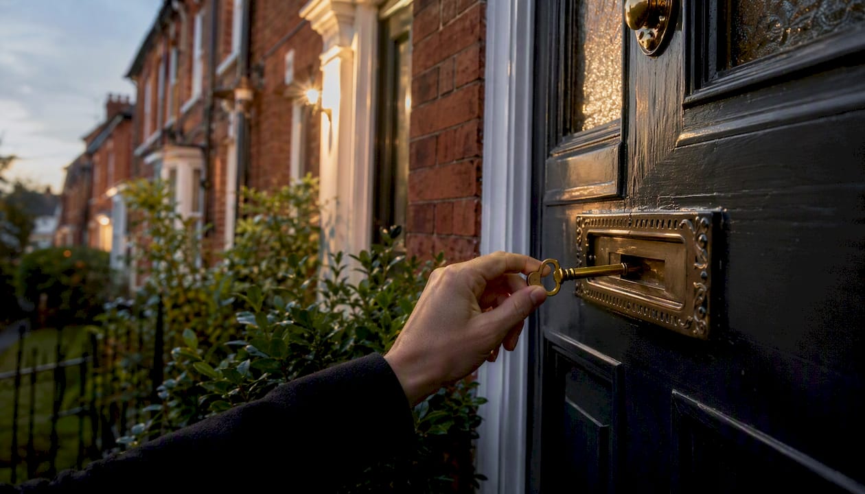 Hand inserting keys into UK red-brick house front door