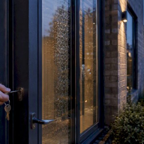 Hand unlocking front door of UK home
