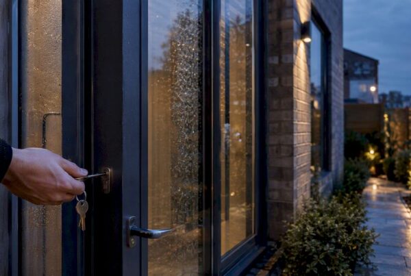 Hand unlocking front door of UK home