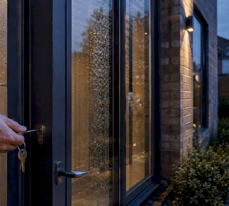 Hand unlocking front door of UK home