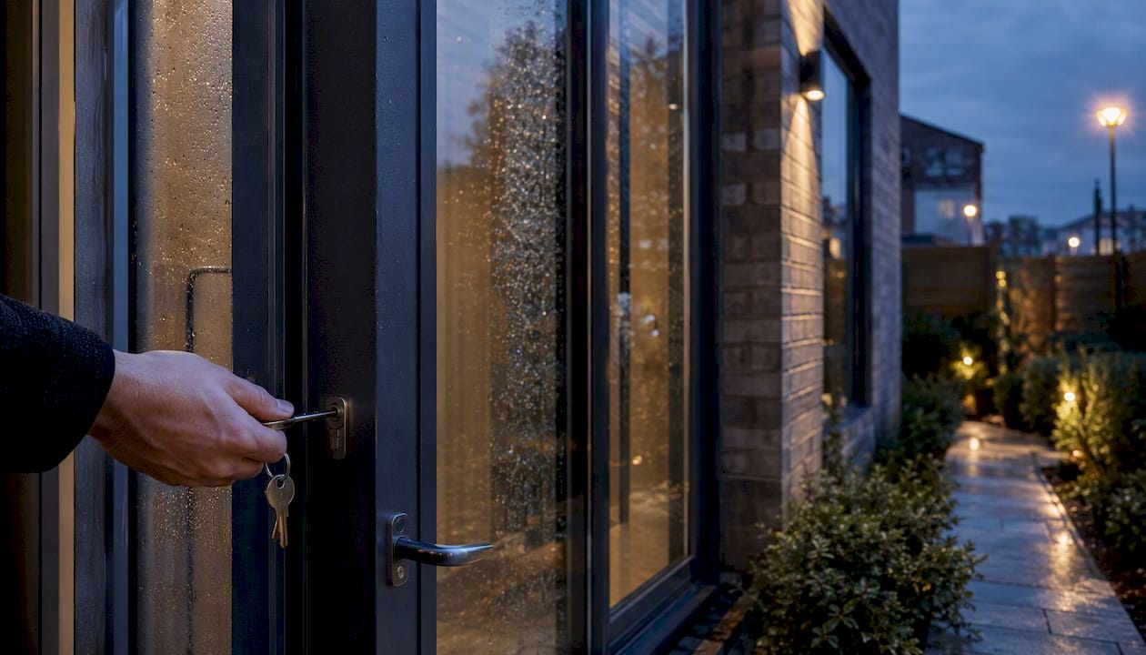 Hand unlocking front door of UK home