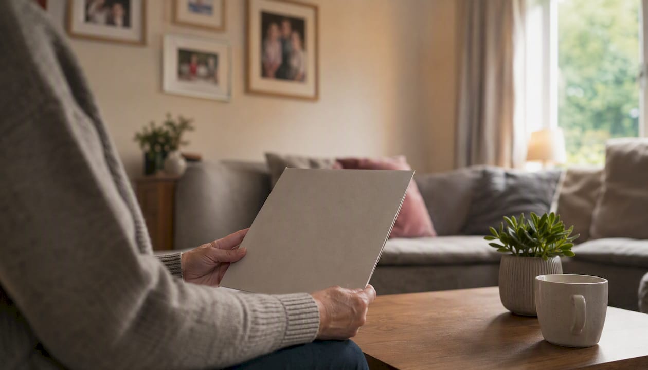 Hands holding pension folder on table