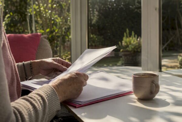Hands arranging legal documents on warm wooden desk