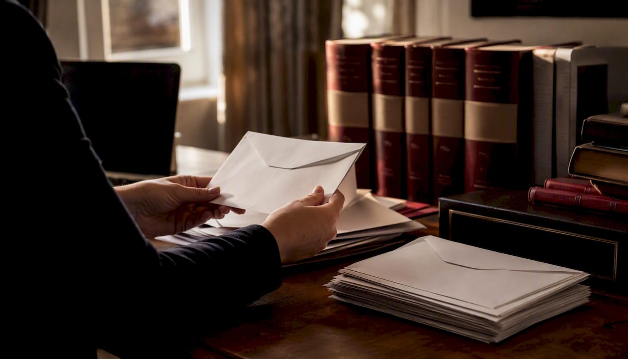 Hands placing search request letters on solicitor desk