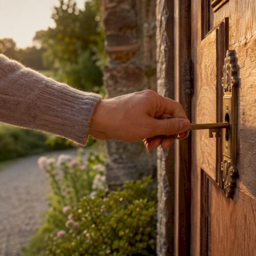Hand turning key in a UK red-brick house door