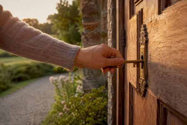 Hand turning key in a UK red-brick house door