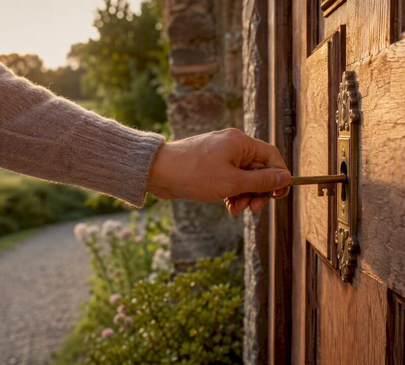 Hand turning key in a UK red-brick house door