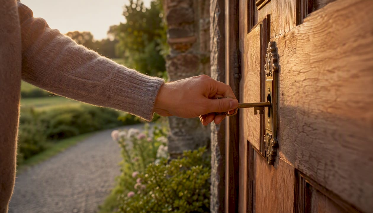 Hand turning key in a UK red-brick house door