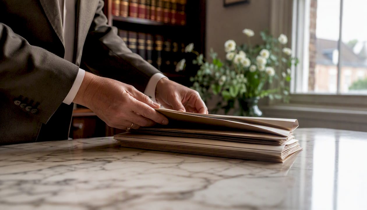 Hands handling expert reports in UK office