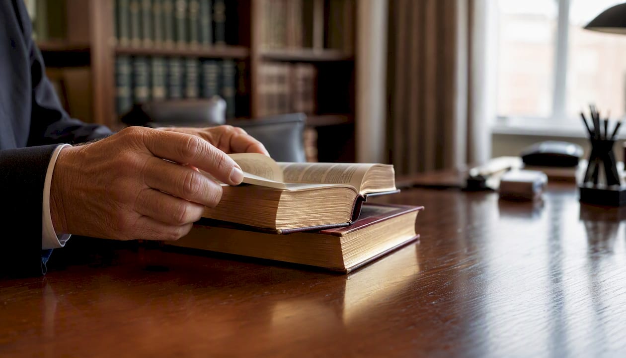 Older hands turning legal book pages