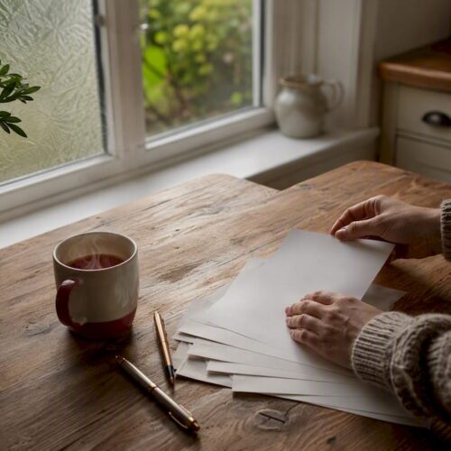 Hands placing papers on home table