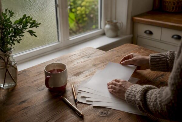 Hands placing papers on home table