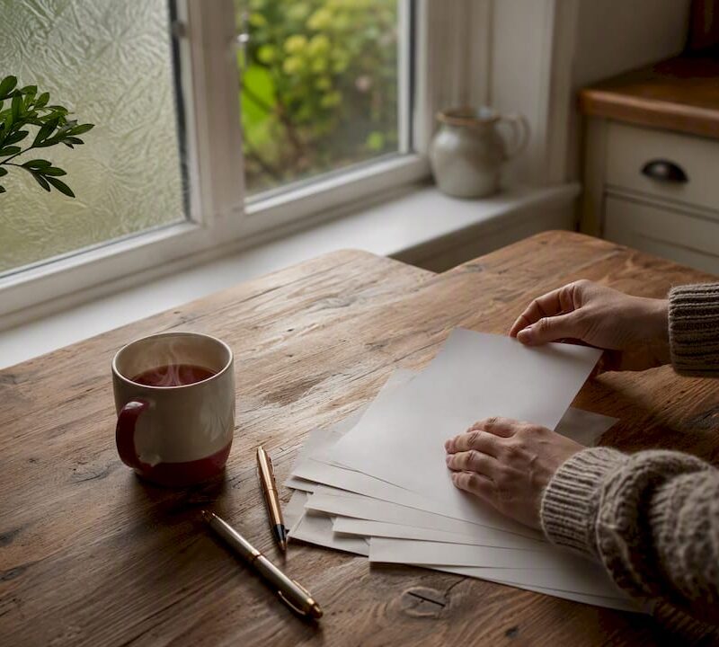 Hands placing papers on home table