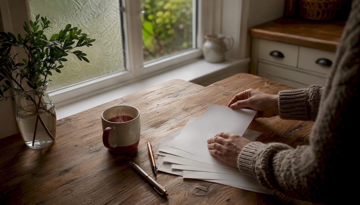 Hands placing papers on home table