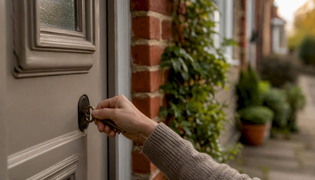 Hand holding key by UK front door