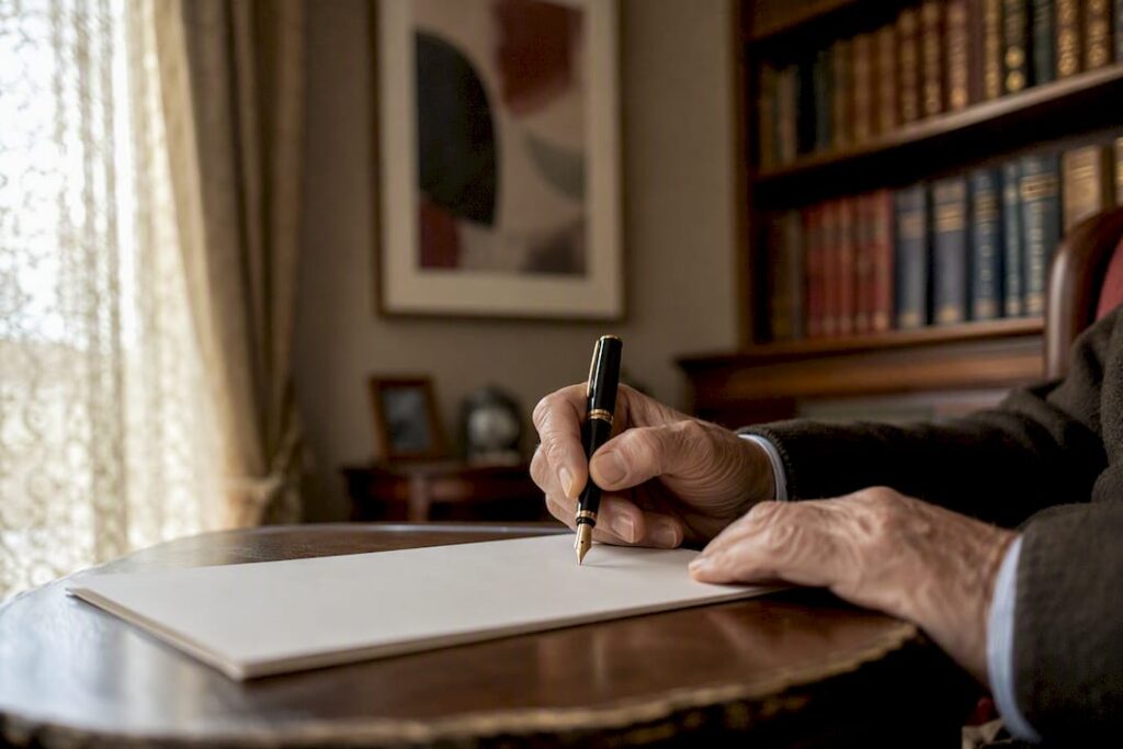 Hands signing will on wooden table