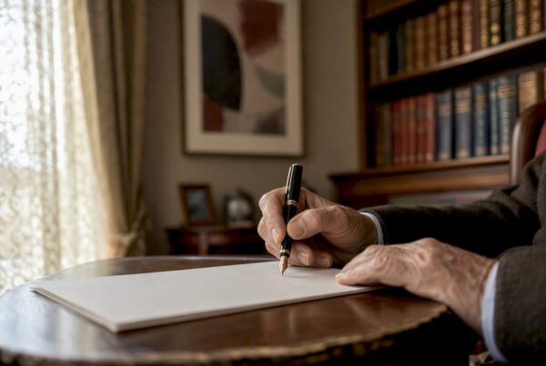 Hands signing will on wooden table