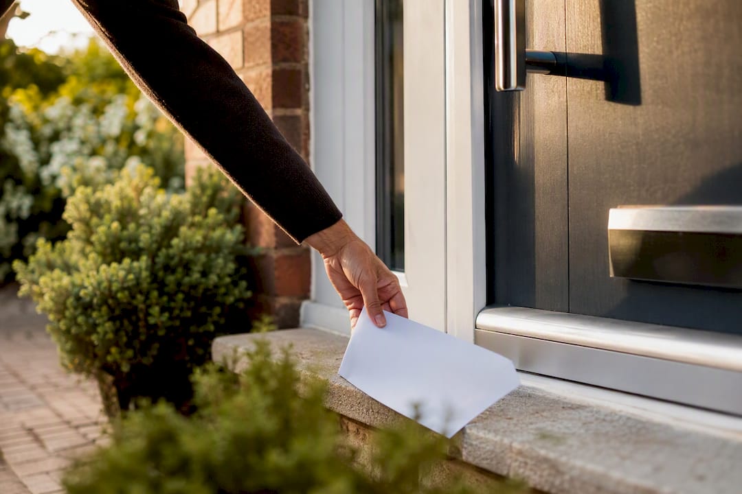 Hand placing envelope on front door step