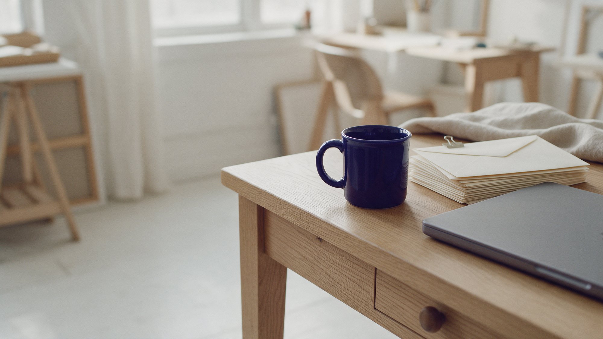 A navy mug, a stack of sealed envelopes and a closed laptop on a small business owner's oak desk