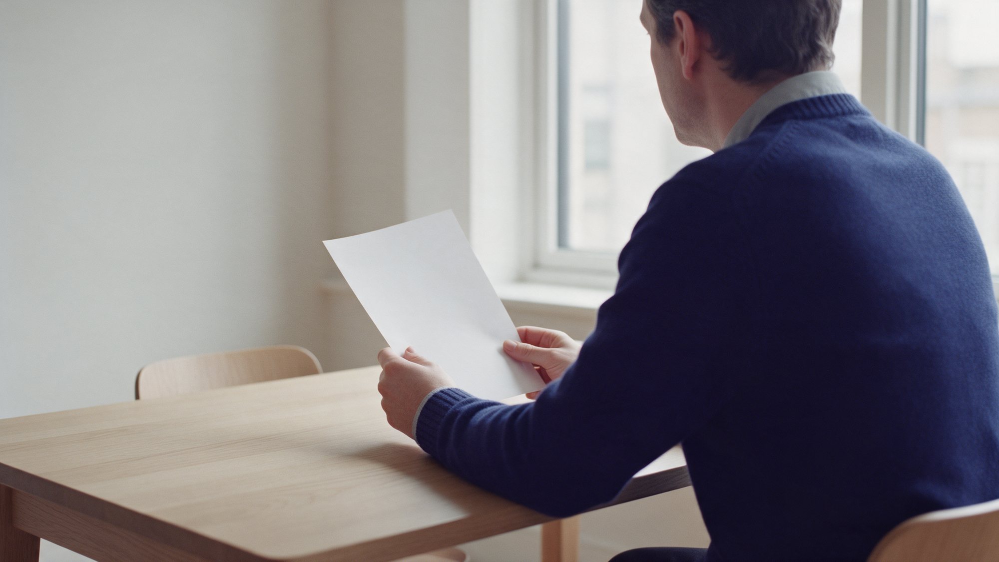 A manager in a navy jumper reading a sheet of paper at an office table by the window