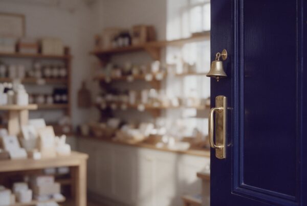 The navy front door of a small independent shop with a brass bell and handle, shelves softly blurred behind