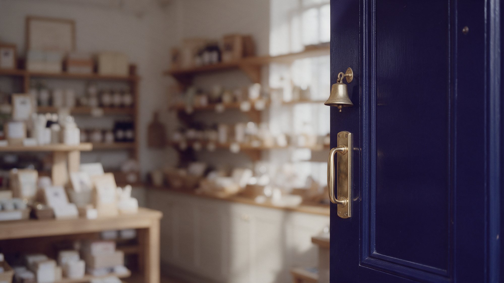 The navy front door of a small independent shop with a brass bell and handle, shelves softly blurred behind