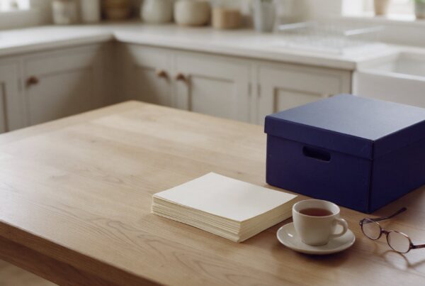 A navy document box, a stack of blank paper, a cup of tea and reading glasses on an oak kitchen table