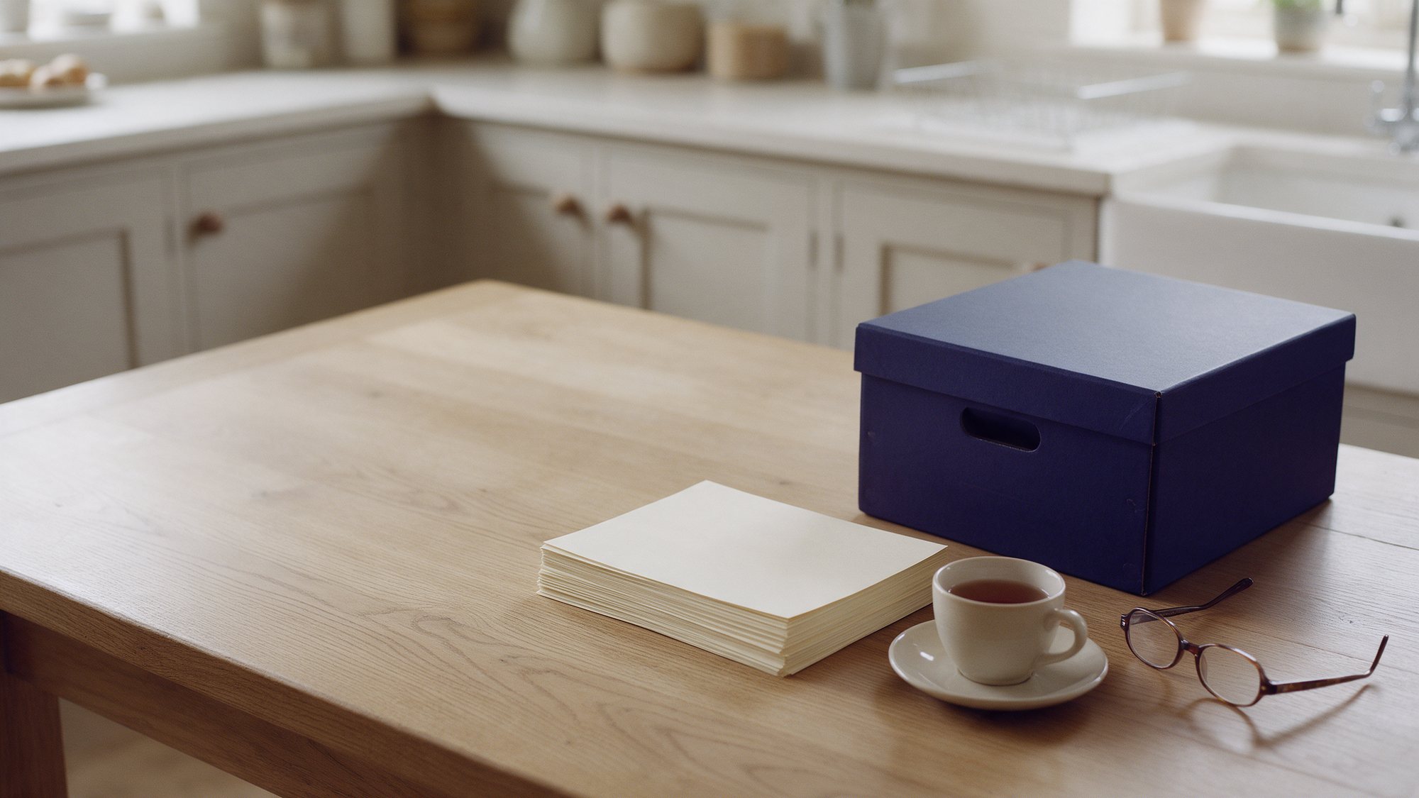 A navy document box, a stack of blank paper, a cup of tea and reading glasses on an oak kitchen table